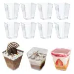 ZFOEFO 50 Stück Dessertbecher Plastik Dessertgläser Wiederverwendbar Dessert Becher Transparent Dessert Schälchen 7.5 * 5.8 * 4cm Pastikbecher Klein Plastikbecher für Dessert Mousse Pudding Eiscreme