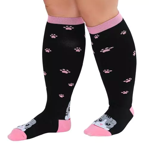 ZFSOCK Kompressionsstrümpfe Dicke Waden Herren: Stützstrümpfe Damen Medizinisch Kompressionssocken 20-30mmhg Übergröße Männer Frauen Reisestrümpfe 3XL Katze Rosa 1 Paar