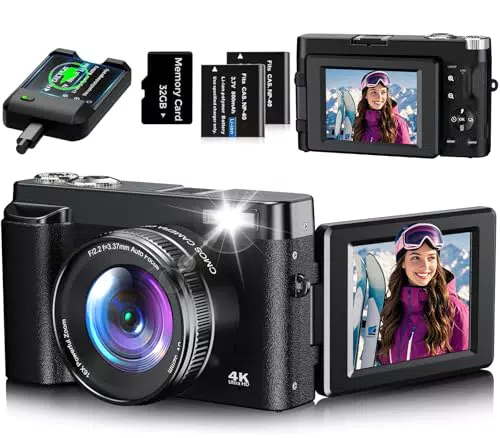 Kompakte 4K Digitalkamera 48MP mit Autofokus, 3 Zoll Flip-Bildschirm und 16X Zoom