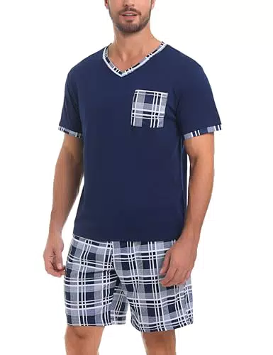 Aseniza Herren Schlafanzug Kurz Baumwolle V-Ausschnitt Sommer Pyjama Set