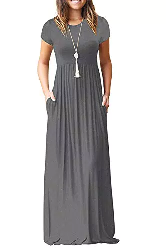 AUSELILY Damen Kurzarm Casual Long Maxi Kleid mit Taschen