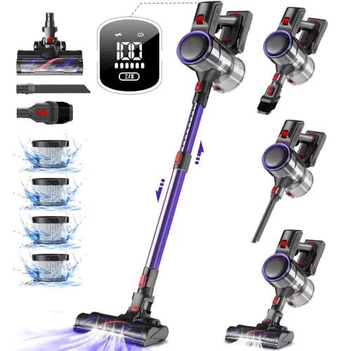 Authmic Akku Staubsauger 45000Pa/500W/50Min, Staubsauger Kabellos mit LED Touchscreen und mit Anti-Tangle-Bürste