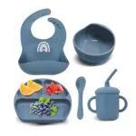 Baby Silikon Geschirrset mit Saugnapf Lätzchen Schüssel Löffel Mädchen Junge 5pcs