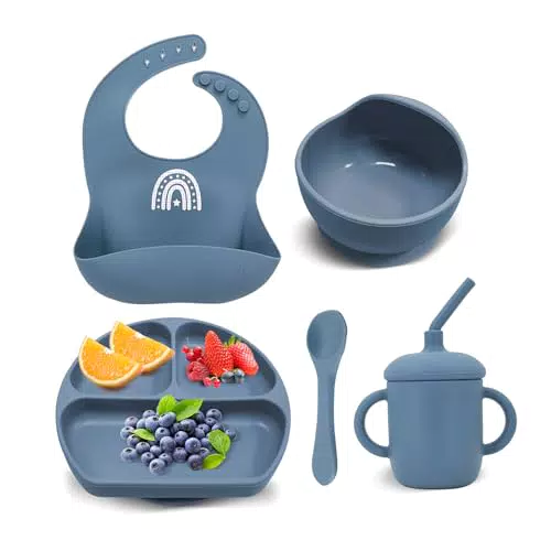 Baby Silikon Geschirrset mit Saugnapf Lätzchen Schüssel Löffel Mädchen Junge 5pcs