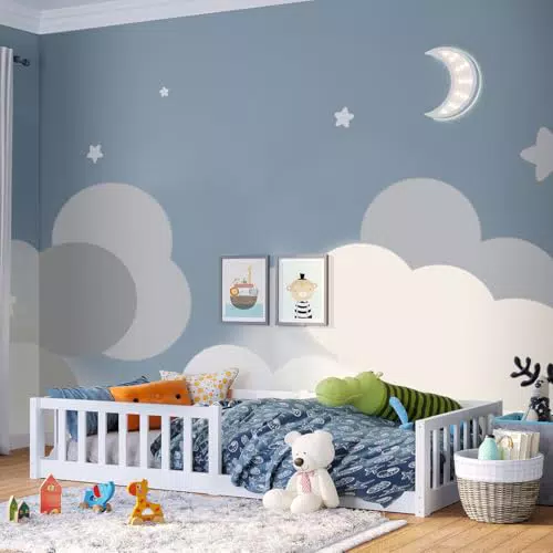 Bellabino Vere Bodenbett 90x200 Montessori Kinderbett mit Rausfallschutz & Lattenrost