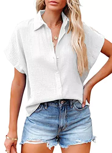 BLENCOT Damen Bluse Kurzarm V-Ausschnitt Button Down Sommer Top