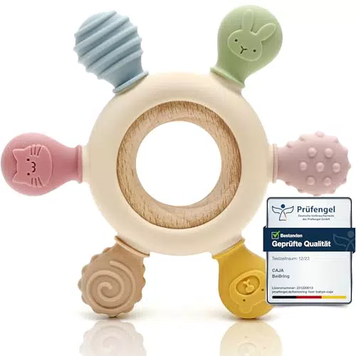 Beißring Baby aus Silikon und Holz - BPA-frei - Zahnen und Greifling für Babys
