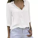 Cassiecy Bluse Damen Chiffon Elegant V-Ausschnitt Langarm Casual Oberteile Hemd Lose Langarmshirt Tops