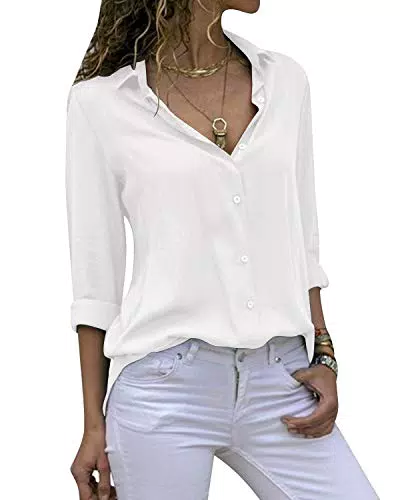 Cassiecy Bluse Damen Chiffon Elegant V-Ausschnitt Langarm Casual Oberteile Hemd Lose Langarmshirt Tops