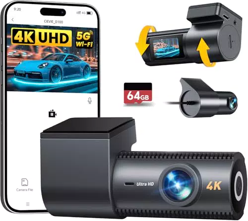 CIEVIE 4K Dashcam mit 64GB SD-Karte, 5GHz WiFi und 170° Weitwinkel