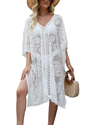 Colornival Damen Bademode Überwurf Kleid mit Spitzen V-Ausschnitt für Strand und Pool