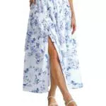 Damen Renaissance Maxirock Vintage Hohe Taille mit Tasche A Linie Rock Weiß-Blau Blumen
