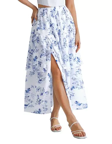 Damen Renaissance Maxirock Vintage Hohe Taille mit Tasche A Linie Rock Weiß-Blau Blumen