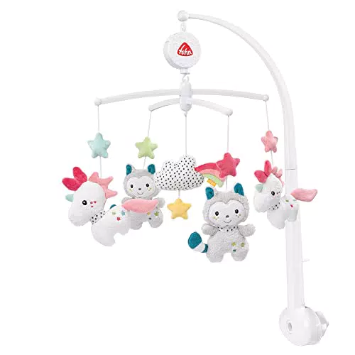 Fehn Musik Mobile Aiko & Yuki - Baby Einschlafhilfe Musikspielzeug mit süßen Tieren - Babymobile Spieluhr Melodie "Mozarts Wiegenlied" - Musikmobile Babybett Spielzeug für Babys von 05 Monaten