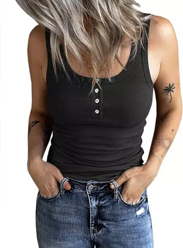 Fessceruna Damen Tops Sexy U-Ausschnitt Tank top Ärmellos Sommer Oberteile Gerippt Camisole mit Knöpfen