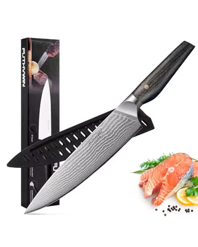 FUTHVWIN Damast Küchenmesser 20cm – Ultra scharfes Profi Kochmesser mit Pakkaholzgriff