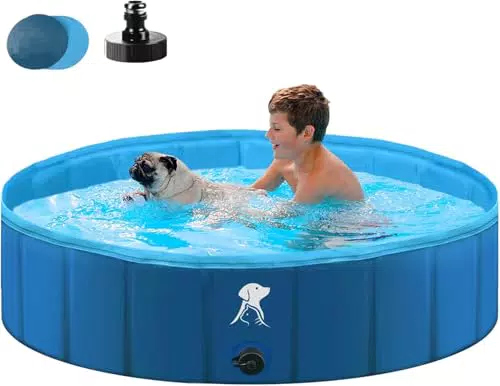 Fwiull Hundepool für Große & Kleine Hunde, Faltbarer Hunde Planschbecken 160 * 30CM Hundebadewanne Stabiler Swimmingpool Haustier Kind Schwimmbecken rutschfest Tragbar Blau
