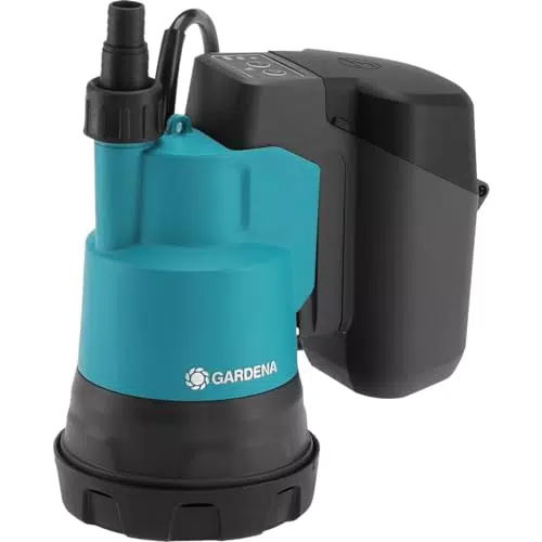 Gardena Akku-Tauchpumpe 2000/2 18V P4A – Flachsaugende Förderpumpe mit Filter