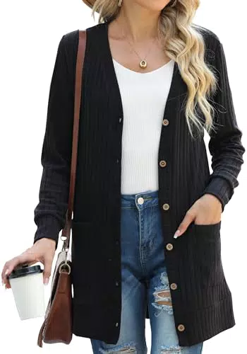 GRECERELLE Damen Lange Strickjacke Casual Langarm Open Cardigan mit Knöpfen