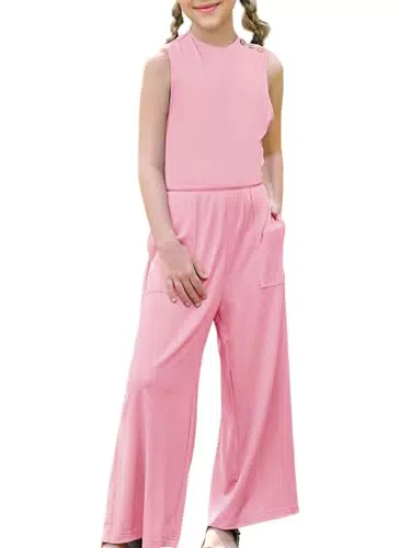 Haloumoning Mädchen Jumpsuits Weites Bein Hosen Loose Fit Ausgeschnittener Rücken Overall Casual Strampler Rosa 160