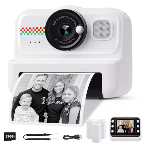 HiMont Kinderkamera Sofortbildkamera, 1080P Sofortbildkamera Kinder mit 32GB Karte & 3 Rollen Druckpapier