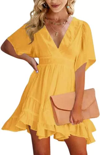 Imily Bela Damen Sommerkleid V-Ausschnitt Kurzarm A-Linie Freizeitkleid