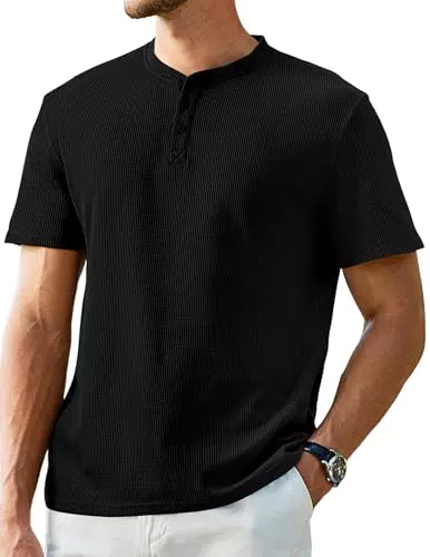 JMIERR Herren T-Shirt Waffelmuster Baumwolle Henley Kragen Shirt Kurzarm Mit Knopfleiste Schwarz