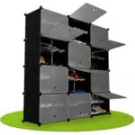 Juskys Schuhschrank mit 12 Würfel & Türen - Kunststoff Schrank für bis 48 Paar Schuhe - Regal geschlossen - Steckregal Schuhregal - Würfelregal Schwarz