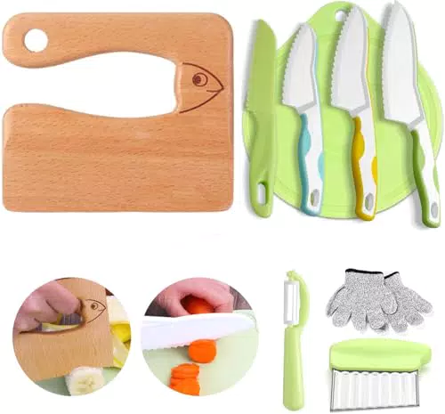 Kinderküchenmesser Set – Montessori Holzmesser mit Schneidebrett und Zubehör