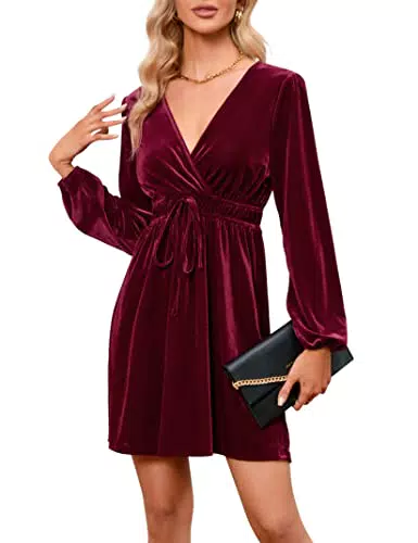 KOJOOIN Damen Samtkleid Causal Velvet Retro Kleid Elegant Abendkleid Sexy V Ausschnitt Partykleid Cocktailkleid Winterkleid Dunkelblau X