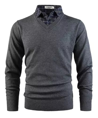 KTWOLEN Herren Pullover 2-in-1 mit Hemdkragen, V-Ausschnitt und Langarm