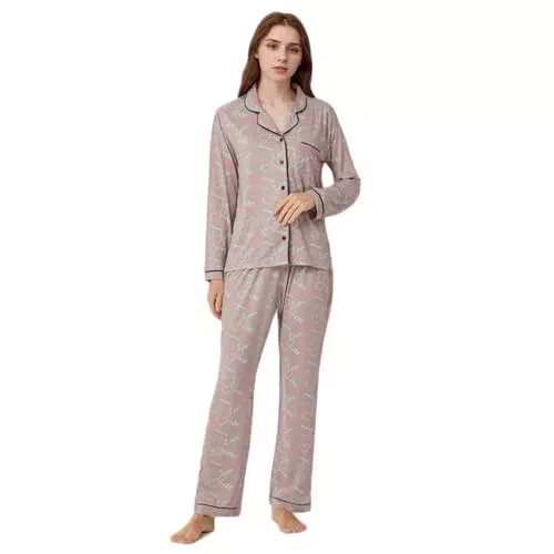 LANBAOSI Damen Schlafanzug Langarm Herzmuster – Weiches Pyjama-Set für erholsamen Schlaf