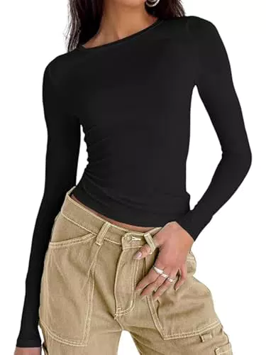 Langarmshirt Damen Rundhals Slim Fit Top T-Shirt Y2K Oberteile Einfarbig Basic Crop Tops Influencer T-Shirt Top Casual Teenager Streetwear