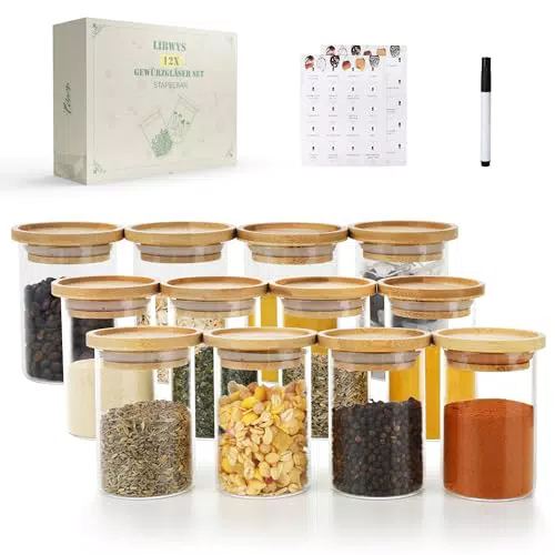 LIBWYS 12er Stapelbare Gewürzgläser Rund mit Bambus Deckeln