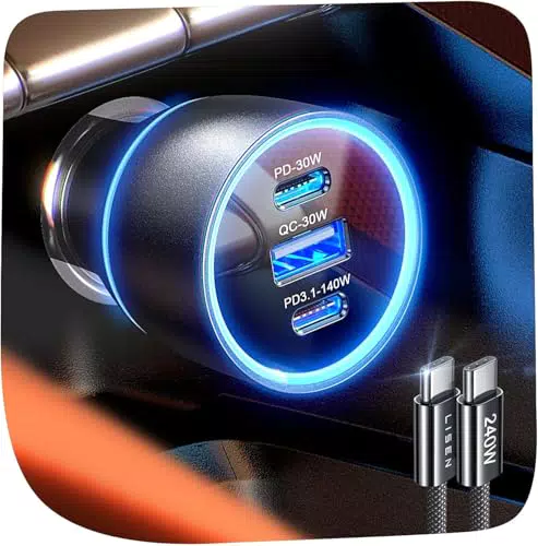 LISEN 170W Zigarettenanzünder USB C, 3-Port KFZ Ladegerät USB C Autoladegerät