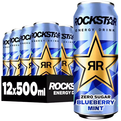 Rockstar Energy Drink Blueberry Mint Zero Sugar - Koffeinhaltiges Erfrischungsgetränk ohne Zucker für den Energie Kick