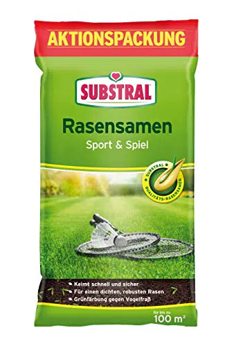 Substral Rasensamen Sport und Spiel, strapazierfähige Rasensaat-Mischung mit Grünfärbung gegen Vogelfraß