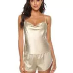 Sumeyuyu Damen Satin Schlafanzug Kurz Pyjama Negligee mit Verstellbaren Trägern