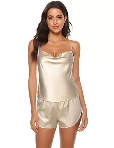 Sumeyuyu Damen Satin Schlafanzug Kurz Pyjama Negligee mit Verstellbaren Trägern