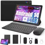 Tablet 10 Zoll 8-in-1 Kit Android 14 Tablet PC mit Hülle Tastatur Maus Stift Kopfhörer Netzstecker Kabel Octa-Core 12 GB RAM 64 GB ROM 1TB TF Erweiterbar 1280x800 IPS Touchscreen 5000 mAh