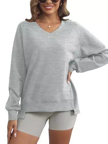 Tanou V-Ausschnitt Damen Oberteil Oversize Y2k Langarmshirt Lockeres Seitlicher Reißverschluss Sweatshirt Pullover Grau S Größe 34-36