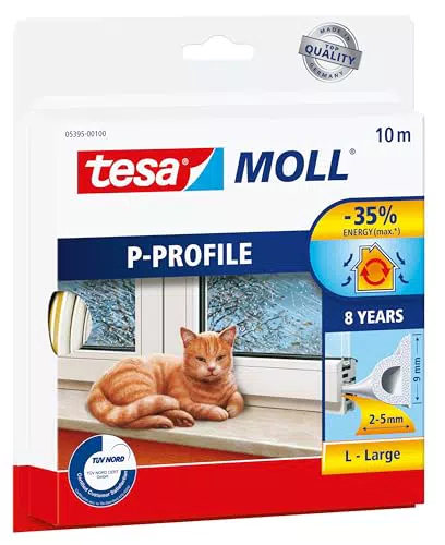 tesamoll P-Profil Gummidichtung - Selbstklebende Dichtung zum Isolieren von Spalten an Fenstern und Türen - Weiß - 6 m x 9 mm x 5