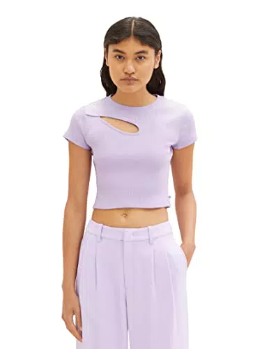 TOM TAILOR Denim Damen 1035394 T-Shirt mit Cut-Out, 31042-Lilac Vibe