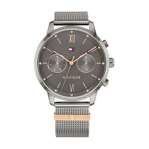 Tommy Hilfiger Multi Zifferblatt Quarz Uhr für Damen mit Graues Edelstahl-Mesh-Gliederarmband - 1782304