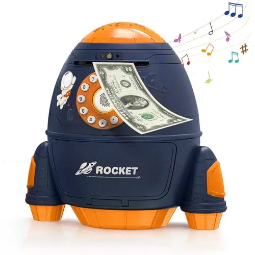 Topchances Elektronische Spardose für Kinder – Raketen-Sparschwein mit Projektorlampe