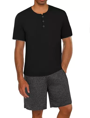 Uniexcosm Schlafanzug Herren Kurz Pyjama Set Baumwolle Kurzarm Nachtwäsche und Schlafshorts Zweiteiliger Sommer-Pyjama für Männer Schwarz
