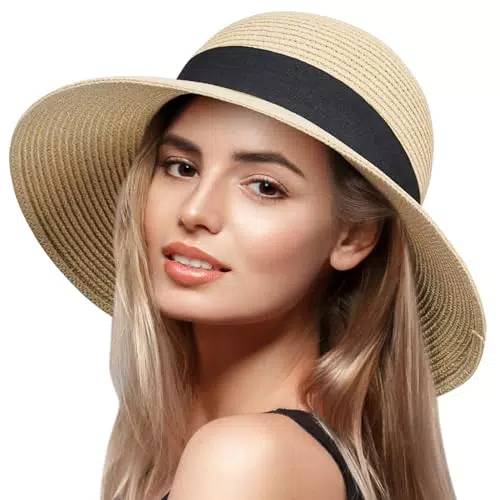 VIFUUR Damen Strohhut mit breitem Rand – Faltbares UV-Schutz Sommervisier