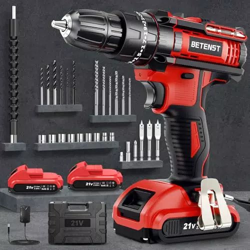 BETENST Akku Bohrmaschine 21V - 42Nm, 25+3 Drehmomentstufen, LED Licht, 2 Akkus