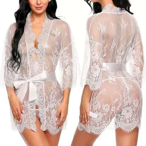 Bcenoilua Sexy Damen Dessous Set mit Spitzen Kimono Robe und Babydoll Nachtkleid