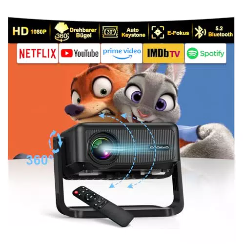 ONOAYO Mini Beamer FHD 1080P mit WiFi 6, Bluetooth 5.2 und 360° Ständer